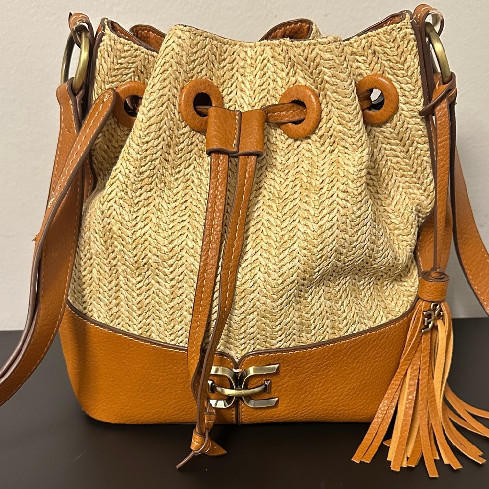 Sam Edelman Tan and Beige Straw Drawstring Crossbody Bag